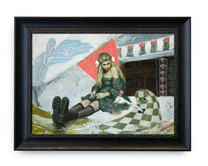 Framed oil painting depicting a seated young woman in turquoise dress interacting with a checkered floor that is offering her a pink rose. 