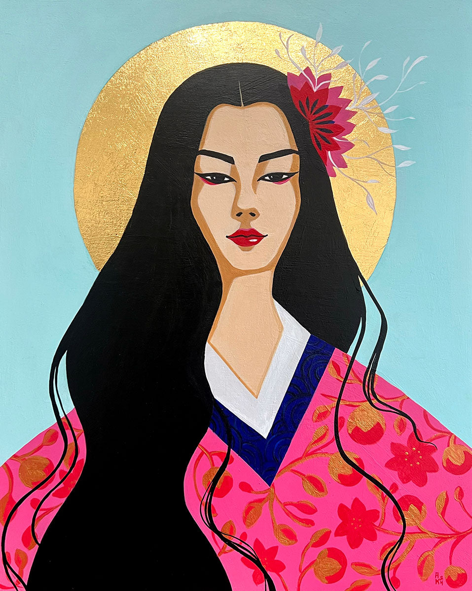 Flat acrylic painting of a woman in a pink flower kimono with a gold leaf halo in the style of pre-renaissance tempera paintings.