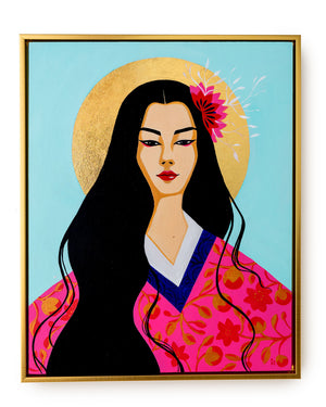 Framed flat color-block acrylic painting of a woman in a pink flower kimono with a gold leaf halo in the style of pre-renaissance tempera paintings.