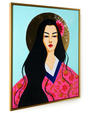 Framed side view of flat color-block acrylic painting of a woman in a pink flower kimono with a gold leaf halo in the style of pre-renaissance tempera paintings.-