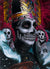 oil painting of a crowned gilded dia de los muerto skull painted face with stormy red background and skull feathered earrings.