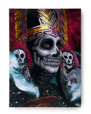 A full view of the oil painting of a oil painting of a crowned gilded dia de los muerto skull painted face with stormy red background and skull feathered earrings.