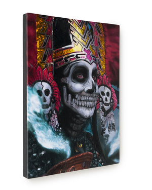A 45 degree side view of an oil painting of a crowned gilded dia de los muerto skull painted face with stormy red background and skull feathered earrings.