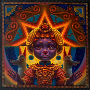 Original oil painting of Inti as a child smiling in multicolor geometric orange and yellow and purple hues flanked by two symmetrical llamas with her arms out wide.