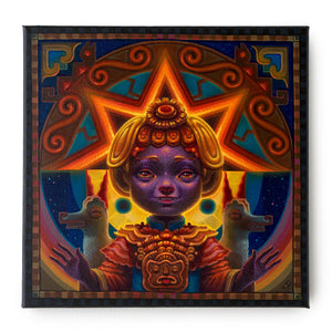 A full view of the canvas on which is painted an original oil painting of Inti as a child smiling in multicolor geometric orange and yellow and purple hues flanked by two symmetrical llamas with her arms out wide.