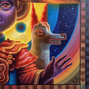 a detail of an oil painting on canvas showing a smiling llama and a purple hand and eye.