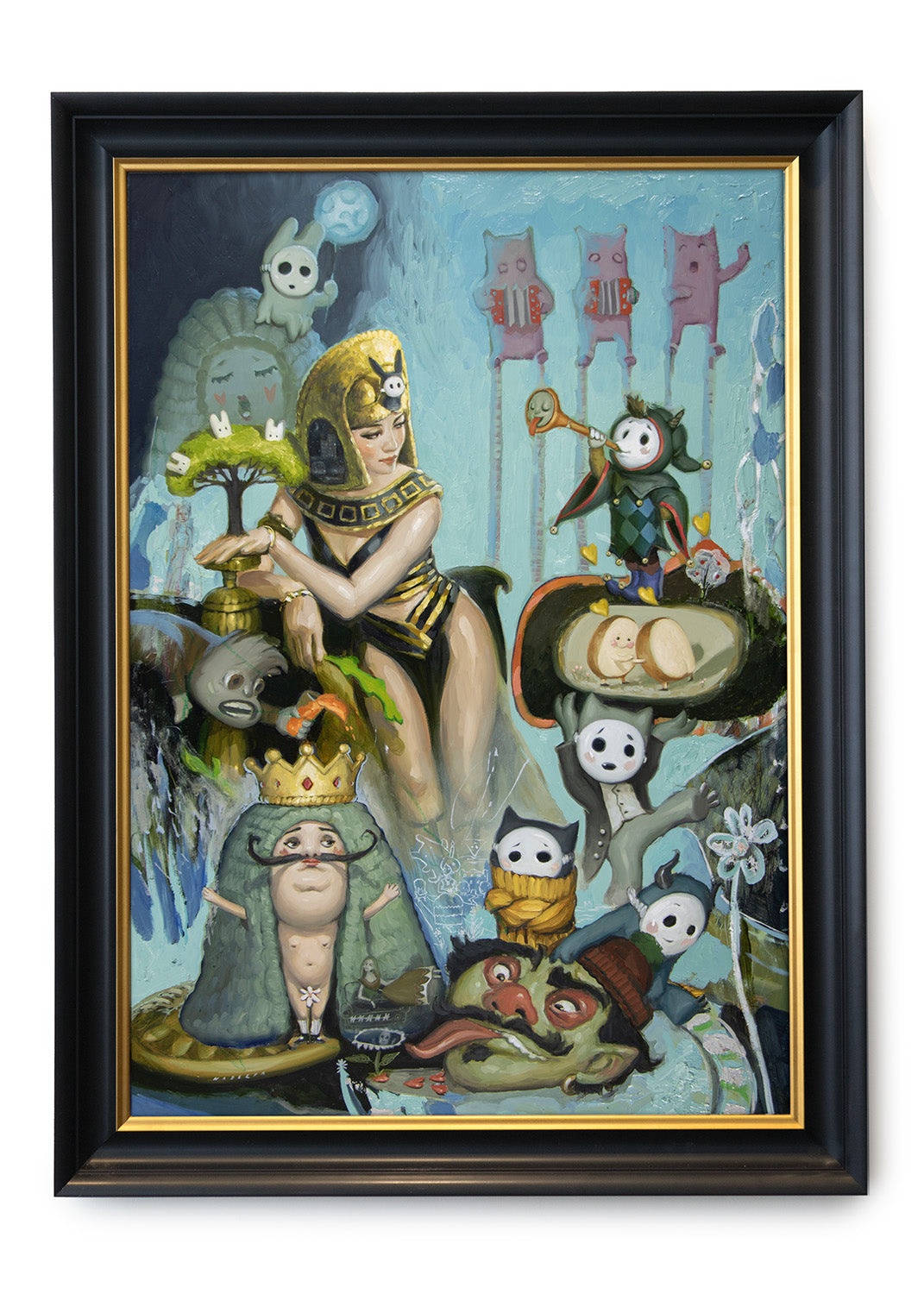 Original oil painting depicting a woman in gold and black leaning on a pedestal covered in and surrounded by small and strange creatures in various states of joyful announcement.