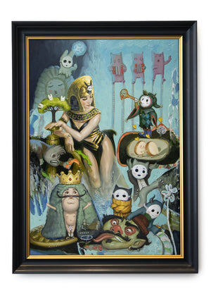 Framed oil painting depicting a woman in gold and black leaning on a pedestal covered in and surrounded by small and strange creatures in various states of joyful announcement.