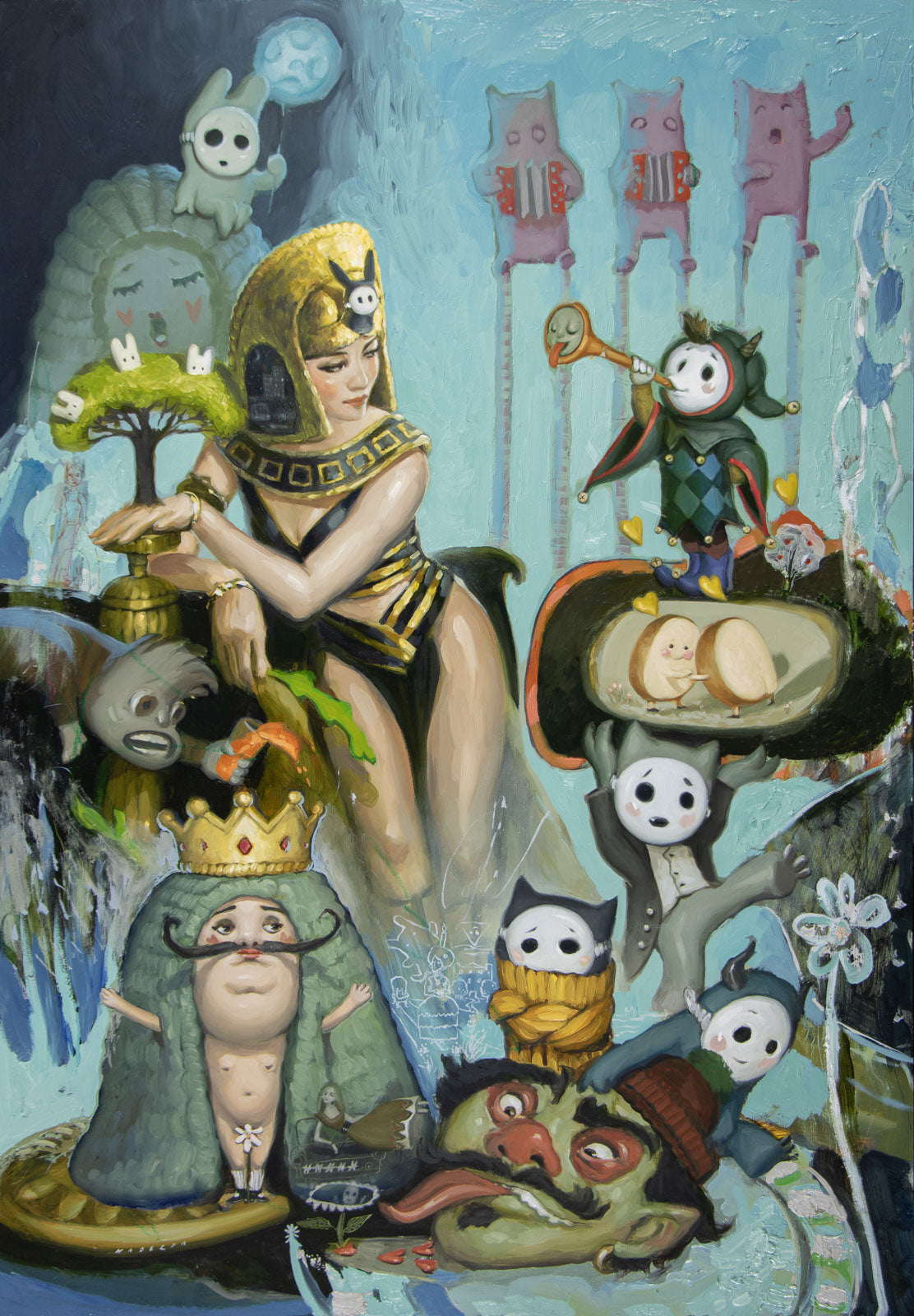 Original oil painting depicting a woman in gold and black leaning on a pedestal covered in and surrounded by small and strange creatures in various states of joyful announcement.