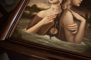 detail of a painting in a brown frame showing beautifully rendered hands in oil.