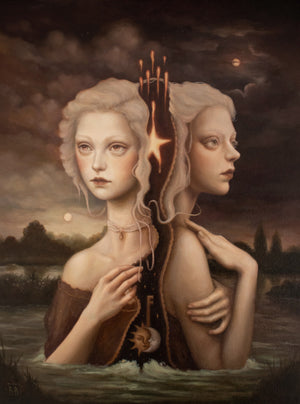 Surreal painting in brown tones of two women entwined by their hair representing night and day while up to their belly in crashing waves.