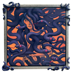 Framed painting with sculptural serpentine corners. The painting on red ochre of a female medusa figure enshrouded with purple snakes with their red tongues out.