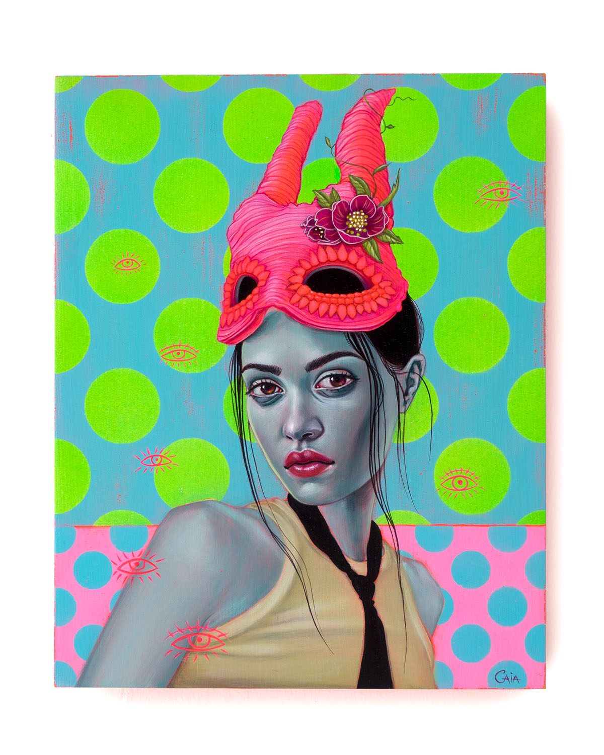 fluorescent color portrait of a woman wearing a pink horned mask and a black tie and sleeveless top in front of a background of green spots on blue and blue spots on pink and scattered red eye outline symbols.