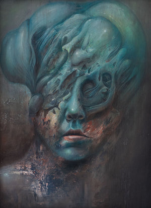 Oil painting with texture of a face with bulbous melting aqua membranes around the skull and blurred out around the edges with texture palette knifed red and pink highlights across the cheeks.