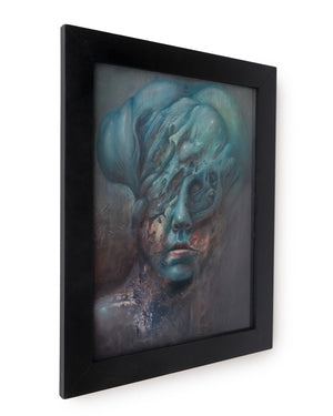 Side framed view of Oil painting with texture of a face with bulbous melting aqua membranes around the skull and blurred out around the edges with texture palette knifed red and pink highlights across the cheeks.