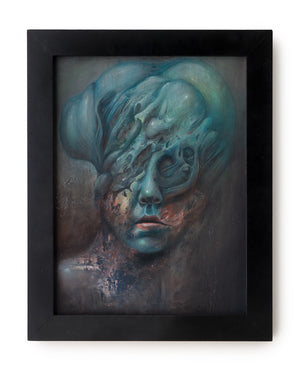 Framed view of an oil painting with texture of a face with bulbous melting aqua membranes around the skull and blurred out around the edges with texture palette knifed red and pink highlights across the cheeks.