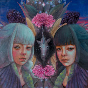 detail of a painting of two young women with grey and white hair flanking a unicorn head and flowers in blue and pink sunset hues.
