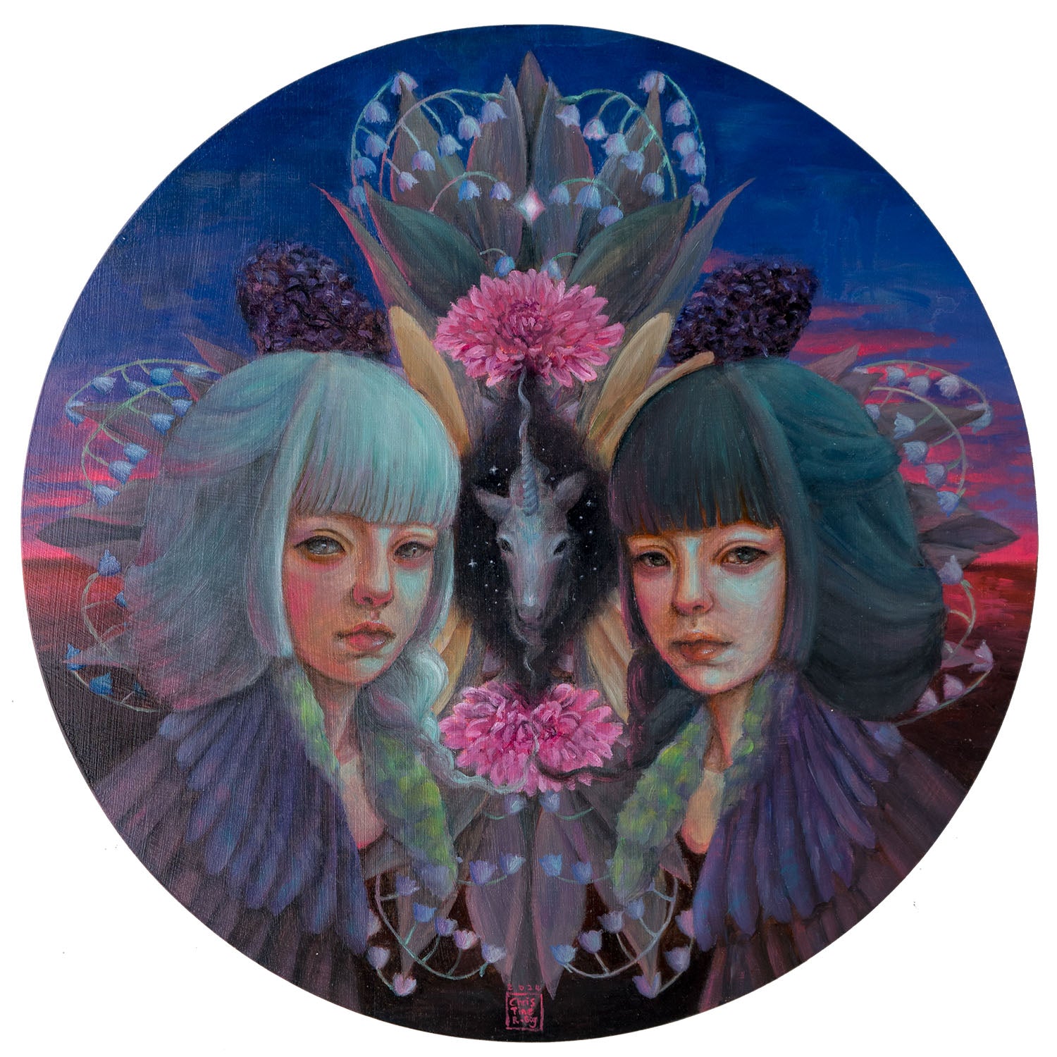 circular painting of two young women with grey and white hair flanking a unicorn head and flowers in blue and pink sunset hues.
