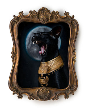 Full frontal view of the decoratively framed original oil painting of Bastet yawning and wearing a golden scarab collar in front of a full moon by Jel Ena