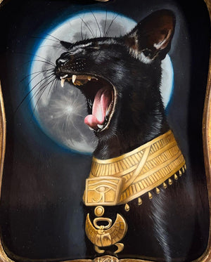 Original oil painting of Bastet yawning and wearing a golden scarab collar in front of a full moon by Jel Ena
