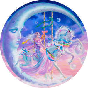 Round oil painting in pinks and blues of a woman in a pink long gown on a white carousel horse with blue ribbons against a backdrop of pink and blue clouds under a large crescent moon with an austere downcast expression.