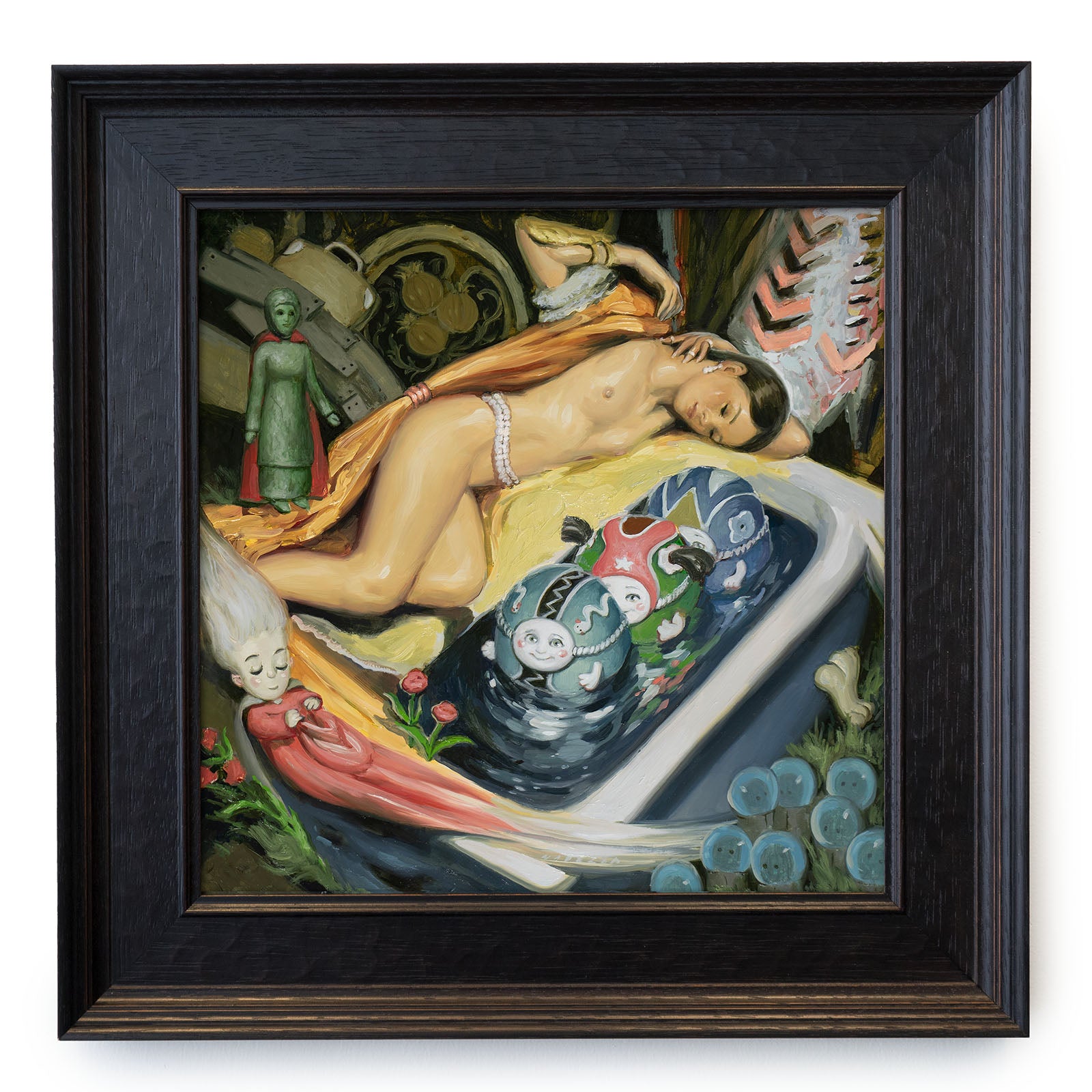 Original oil painting depicting a woman nude laying above a bath with 3 egg-like creatures and surrounded by a sleeping sprite and and other magical onlookers.