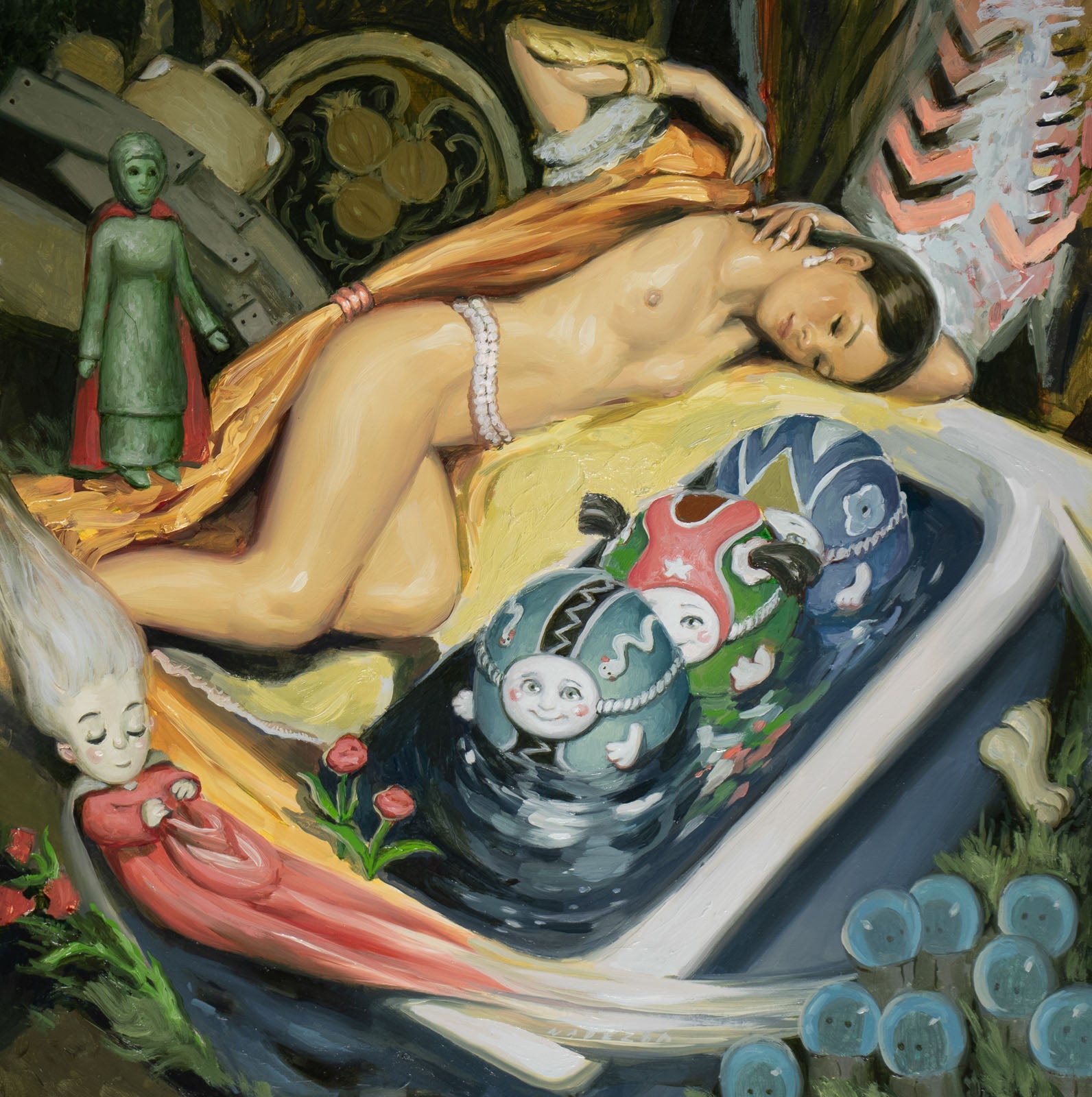 Original oil painting depicting a woman nude laying above a bath with 3 egg-like creatures and surrounded by a sleeping sprite and and other magical onlookers.