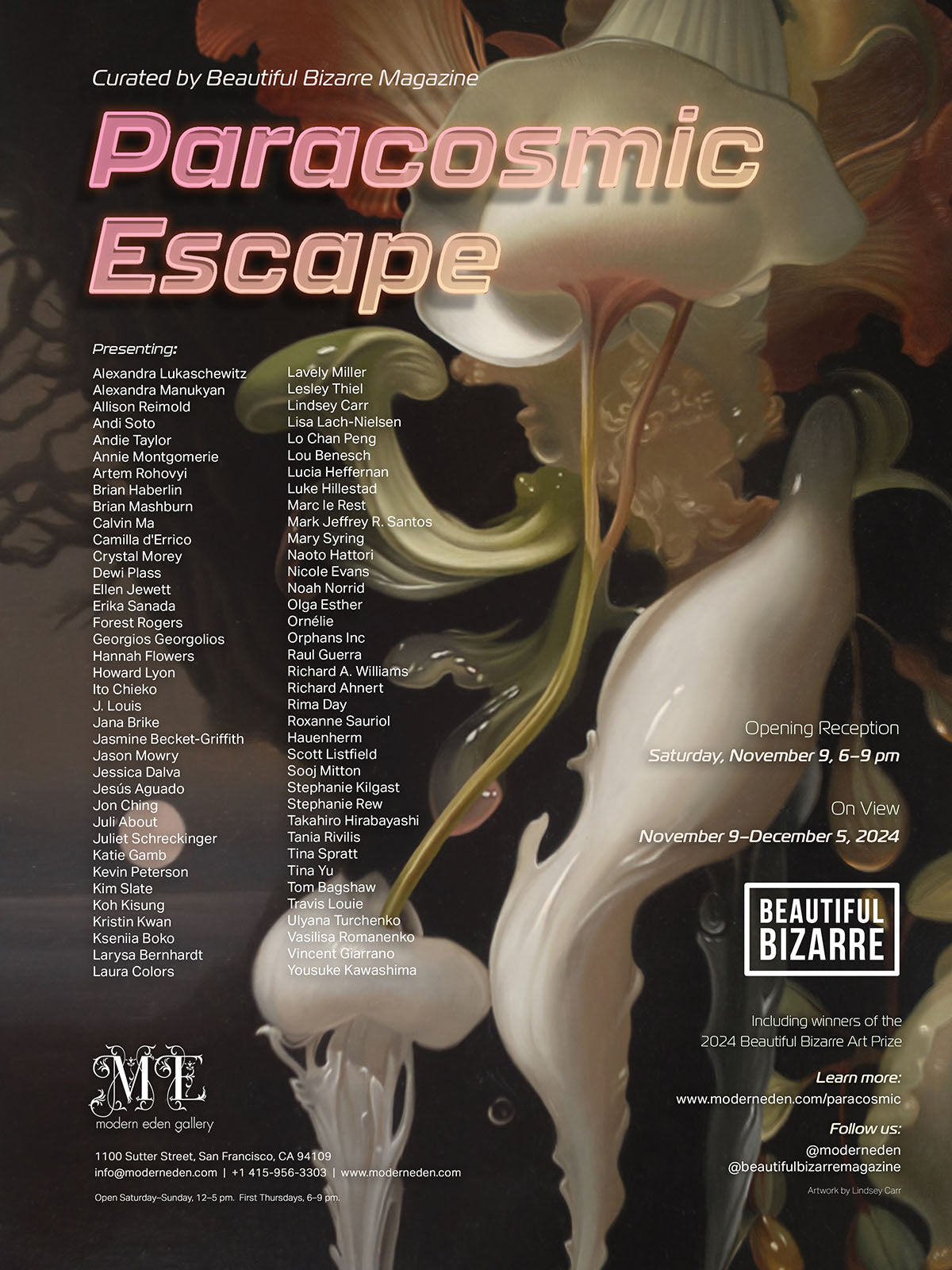 Paracosmic Escape exhibition flyer with Beautiful Bizarre Magazine and featuring cover art by Lindsay Carr.